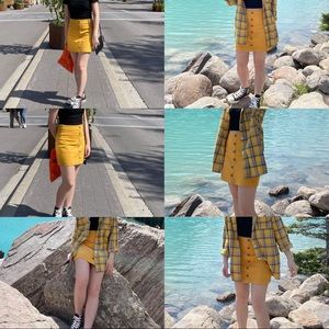Solid Golden Yellow High Waist Button Front Mini Pencil A-Line Skirt | Size S